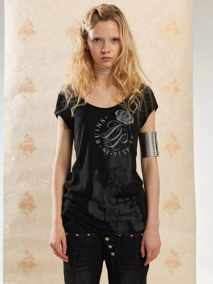 DoublePunch Vintage Guitar Print Slim Crew Neck Women&