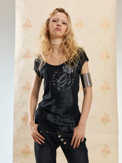 DoublePunch Vintage Guitar Print Slim Crew Neck Women&