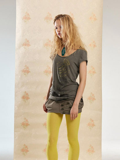 DoublePunch Vintage Guitar Print Slim Crew Neck Women&
