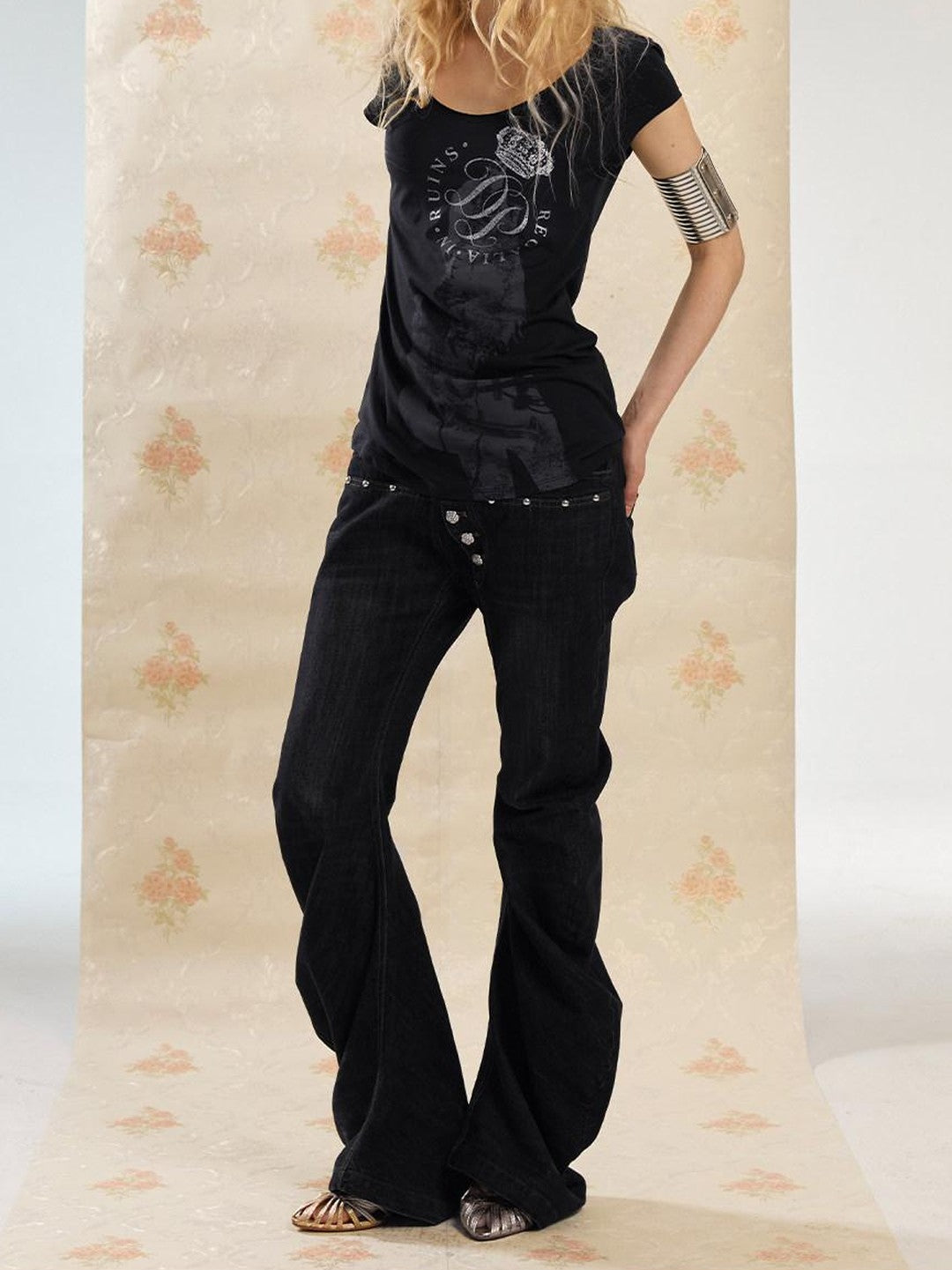 DoublePunch Vintage Guitar Print Slim Crew Neck Women&