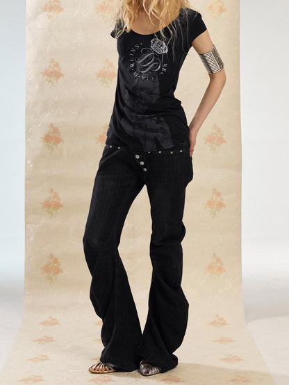 DoublePunch Vintage Guitar Print Slim Crew Neck Women&