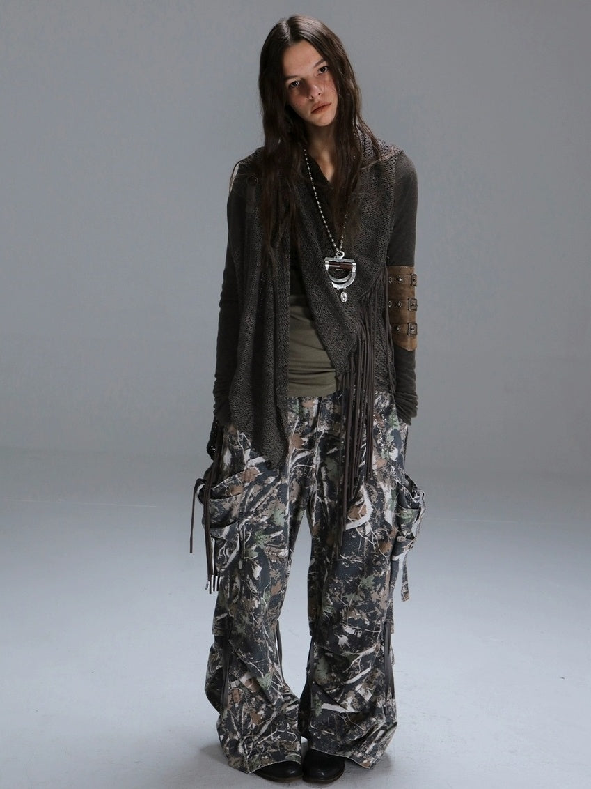 DoublePunch Vintage Oversized Fringe Knit Women Midlength Longsleeve Wool Blend Cardigans