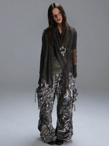 DoublePunch Vintage Oversized Fringe Knit Women Midlength Longsleeve Wool Blend Cardigans