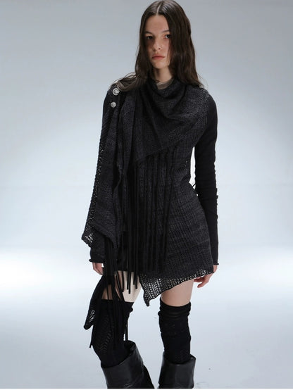 DoublePunch Vintage Oversized Fringe Knit Women Midlength Longsleeve Wool Blend Cardigans