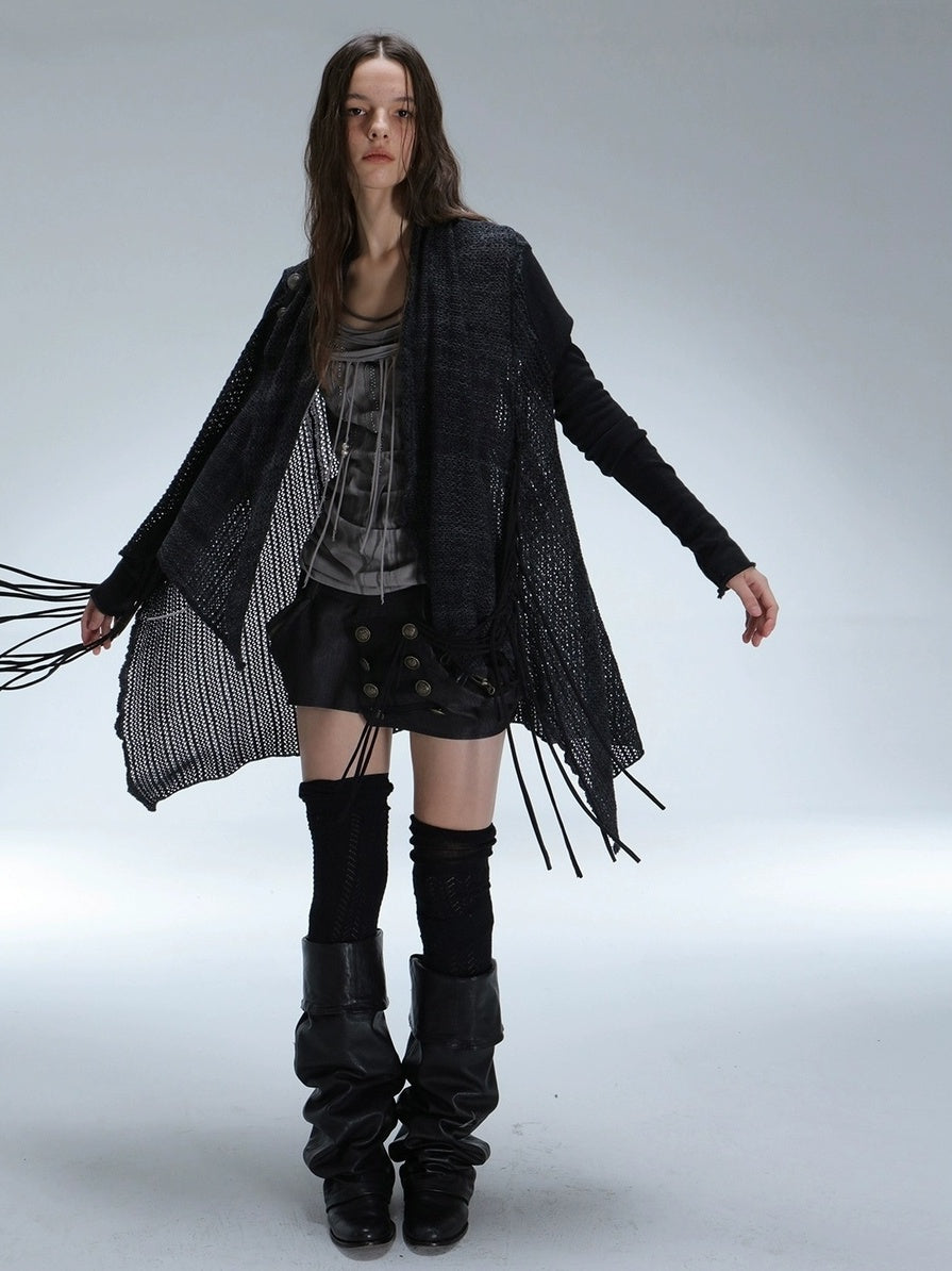 DoublePunch Vintage Oversized Fringe Knit Women Midlength Longsleeve Wool Blend Cardigans