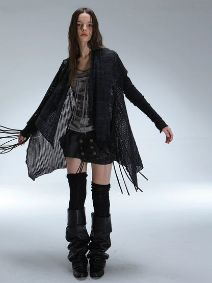 DoublePunch Vintage Oversized Fringe Knit Women Midlength Longsleeve Wool Blend Cardigans