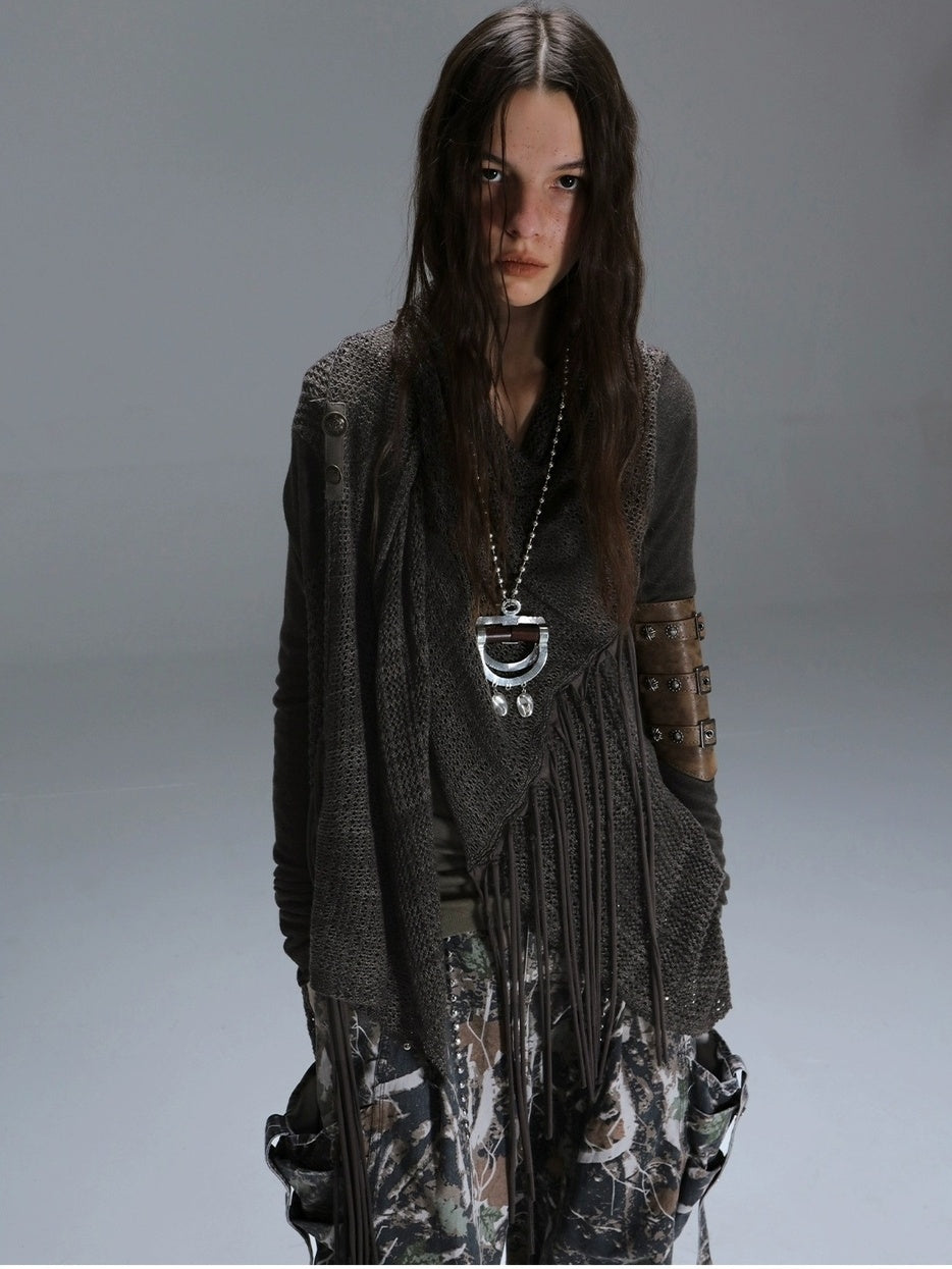 DoublePunch Vintage Oversized Fringe Knit Women Midlength Longsleeve Wool Blend Cardigans