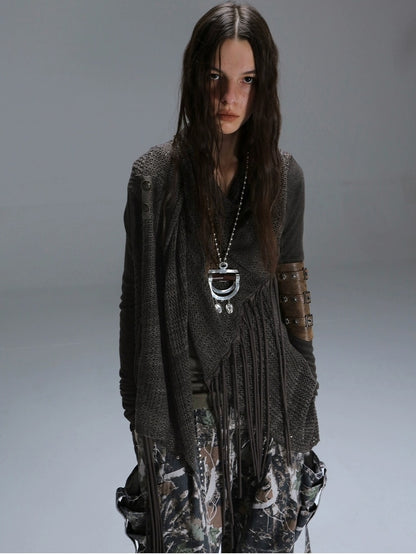 DoublePunch Vintage Oversized Fringe Knit Women Midlength Longsleeve Wool Blend Cardigans