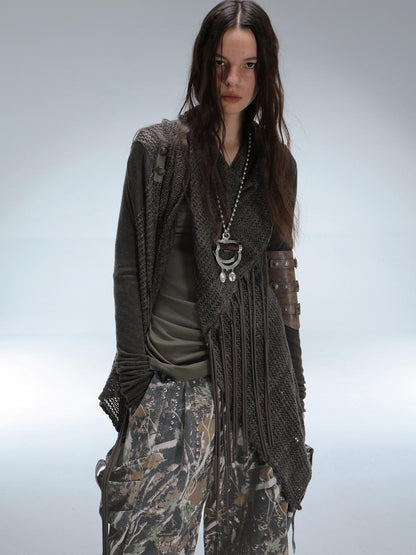 DoublePunch Vintage Oversized Fringe Knit Women Midlength Longsleeve Wool Blend Cardigans