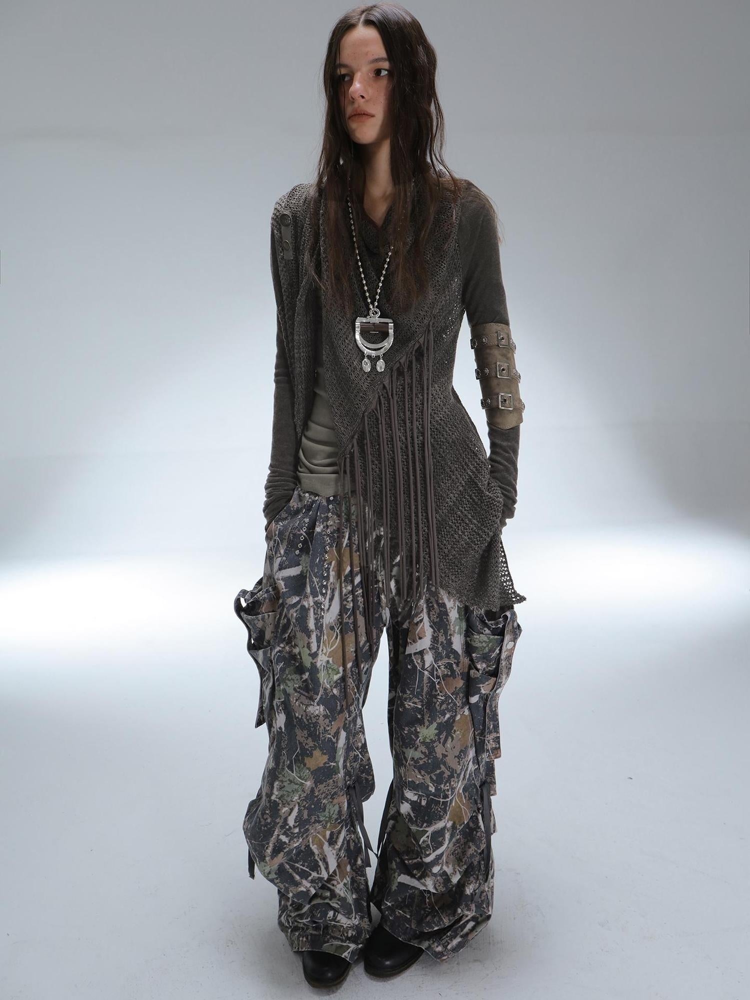 DoublePunch Vintage Oversized Fringe Knit Women Midlength Longsleeve Wool Blend Cardigans