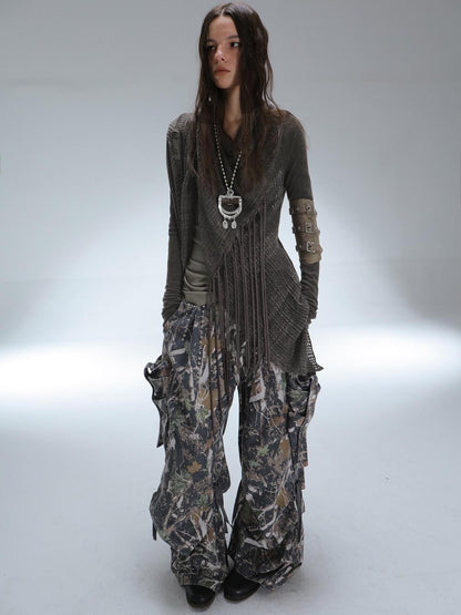 DoublePunch Vintage Oversized Fringe Knit Women Midlength Longsleeve Wool Blend Cardigans