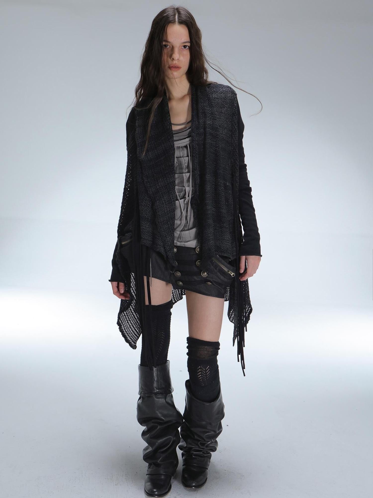 DoublePunch Vintage Oversized Fringe Knit Women Midlength Longsleeve Wool Blend Cardigans