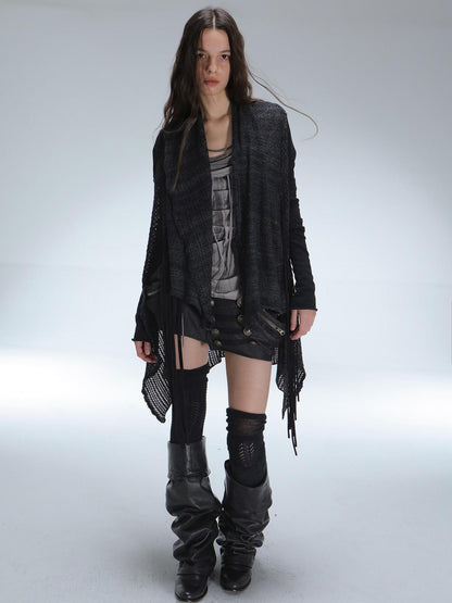 DoublePunch Vintage Oversized Fringe Knit Women Midlength Longsleeve Wool Blend Cardigans