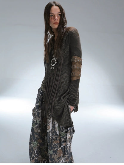 DoublePunch Vintage Oversized Fringe Knit Women Midlength Longsleeve Wool Blend Cardigans