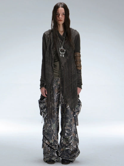 DoublePunch Vintage Oversized Fringe Knit Women Midlength Longsleeve Wool Blend Cardigans