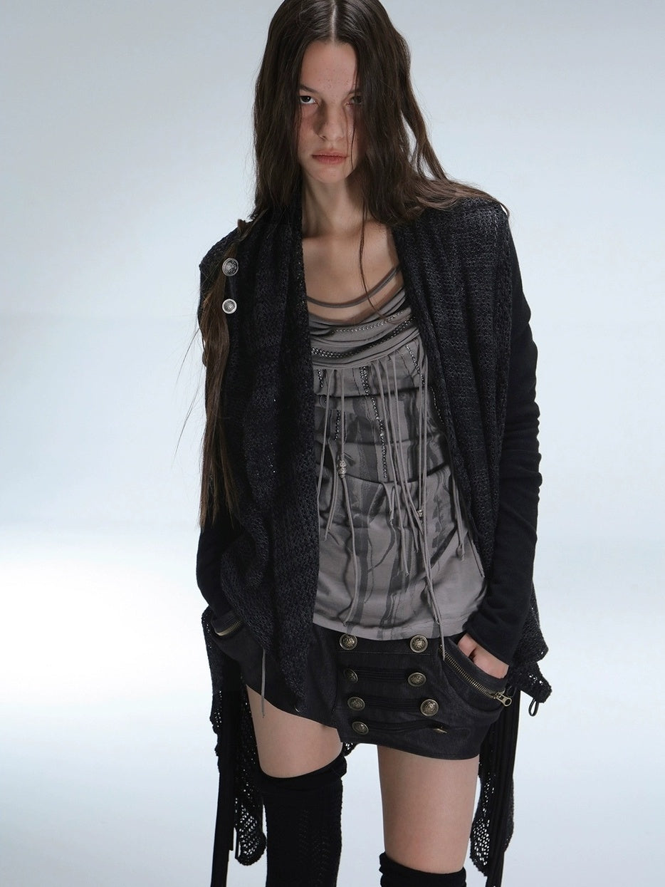 DoublePunch Vintage Oversized Fringe Knit Women Midlength Longsleeve Wool Blend Cardigans