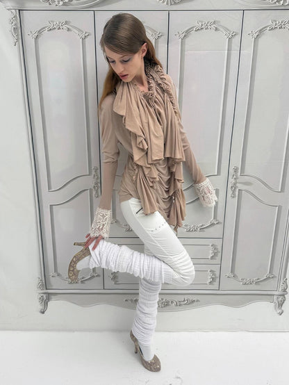 DoublePunch Vintage Ruffle Pleated Extra Long Cotton Women&