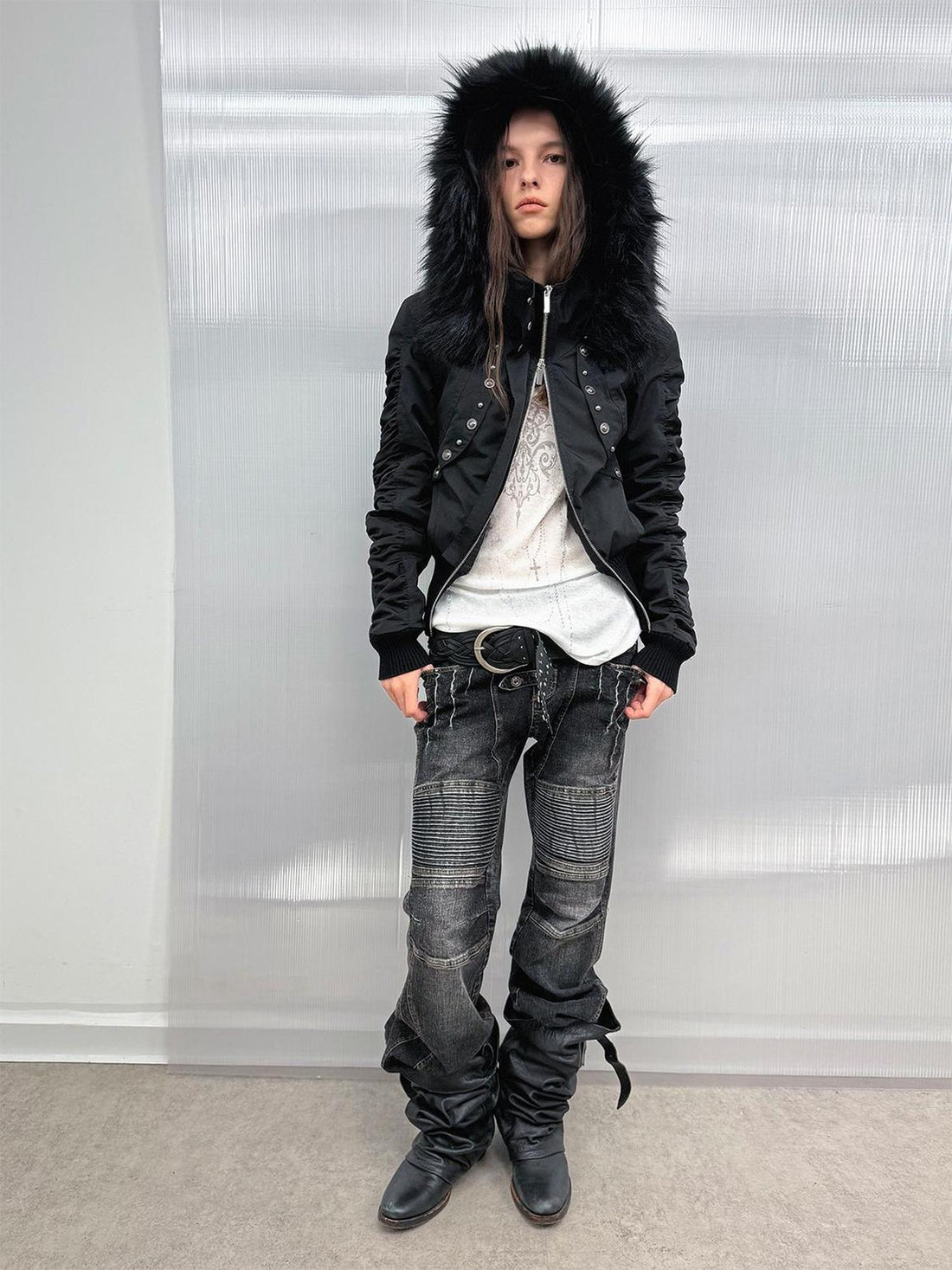 DoublePunch Warm Thick Punk Slim Cinched Waist Women Hooded Zip Ribbed Hem Puffer Jacket