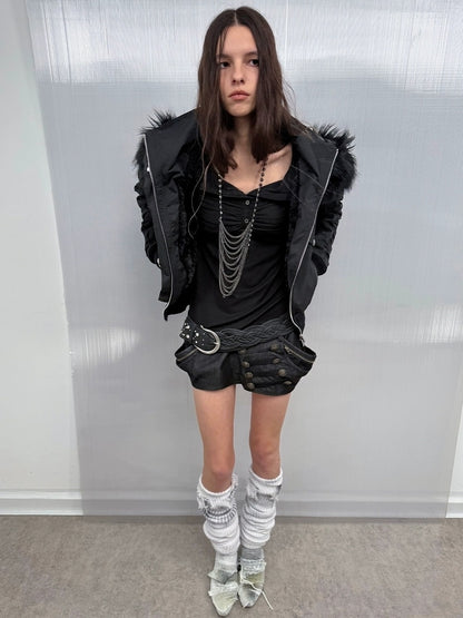 DoublePunch Warm Thick Punk Slim Cinched Waist Women Hooded Zip Ribbed Hem Puffer Jacket