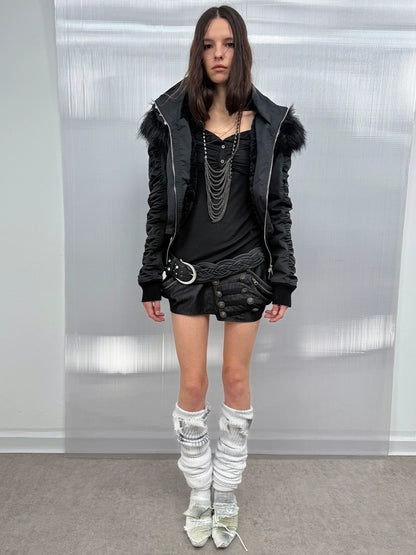 DoublePunch Warm Thick Punk Slim Cinched Waist Women Hooded Zip Ribbed Hem Puffer Jacket