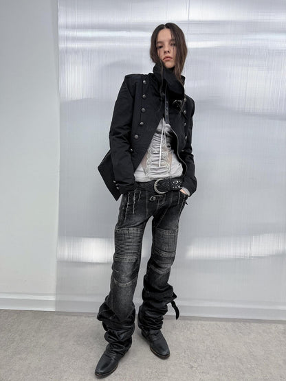 DoublePunch Washed Distressed Biker Pocket Low Waist Women&