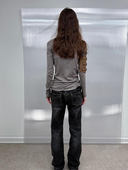 DoublePunch Washed Distressed Biker Pocket Low Waist Women&