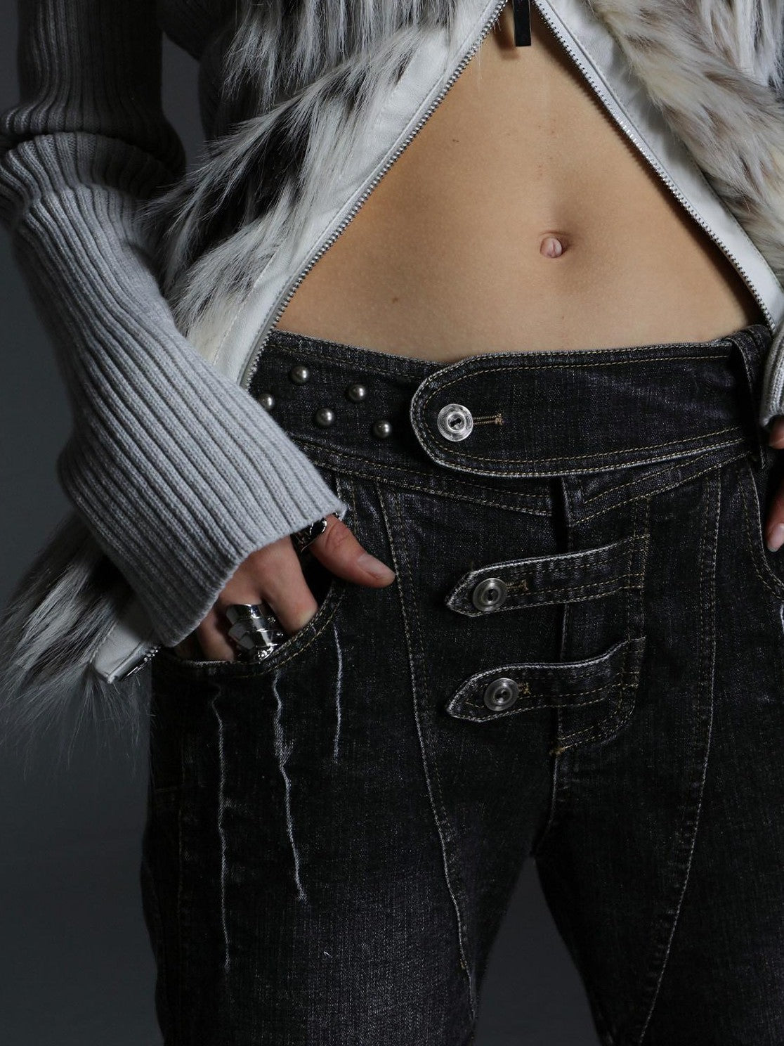 DoublePunch Washed Distressed Biker Pocket Low Waist Women&