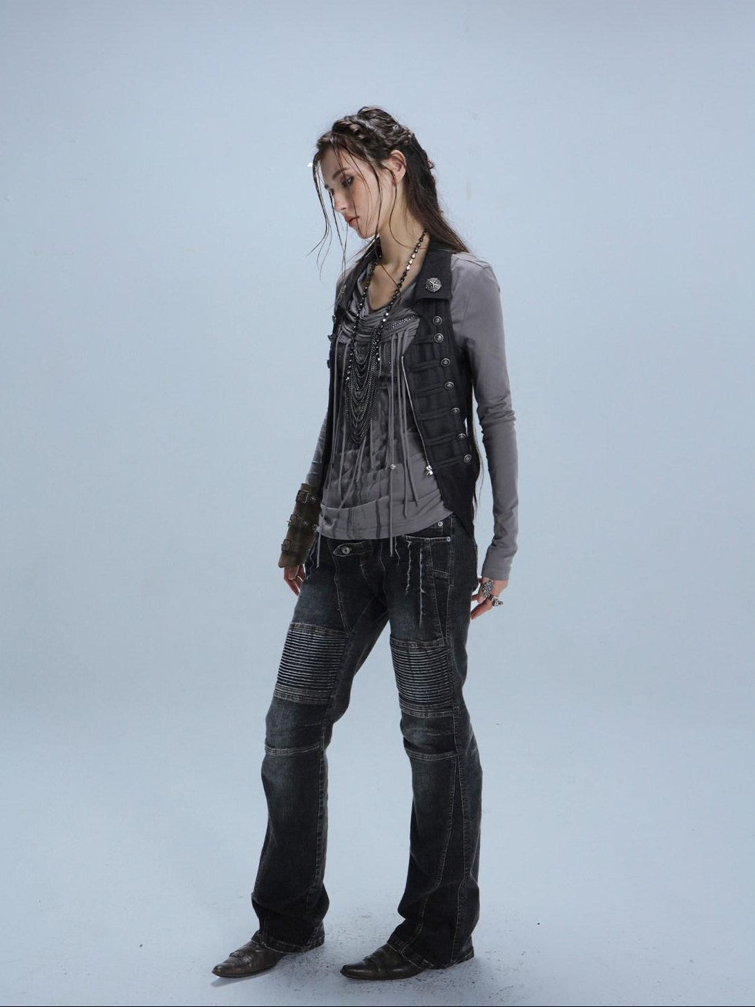 DoublePunch Washed Distressed Biker Pocket Low Waist Women&