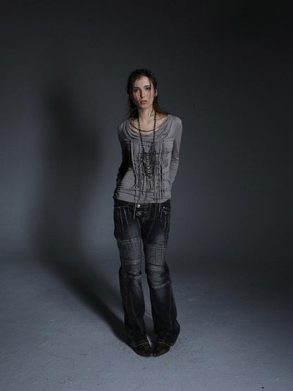 DoublePunch Washed Distressed Biker Pocket Low Waist Women&