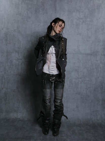 DoublePunch Washed Distressed Biker Pocket Low Waist Women&