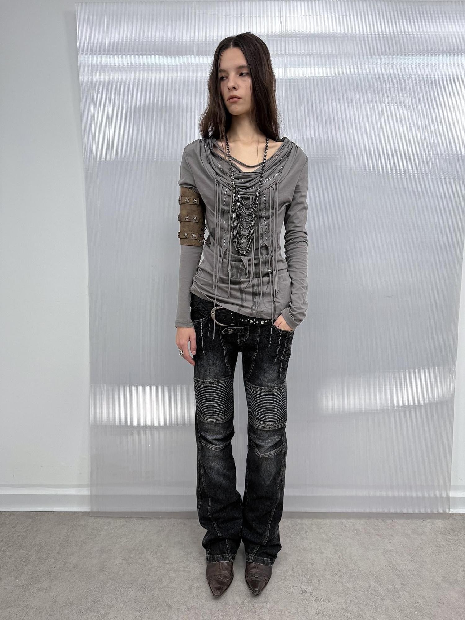 DoublePunch Washed Distressed Biker Pocket Low Waist Women&