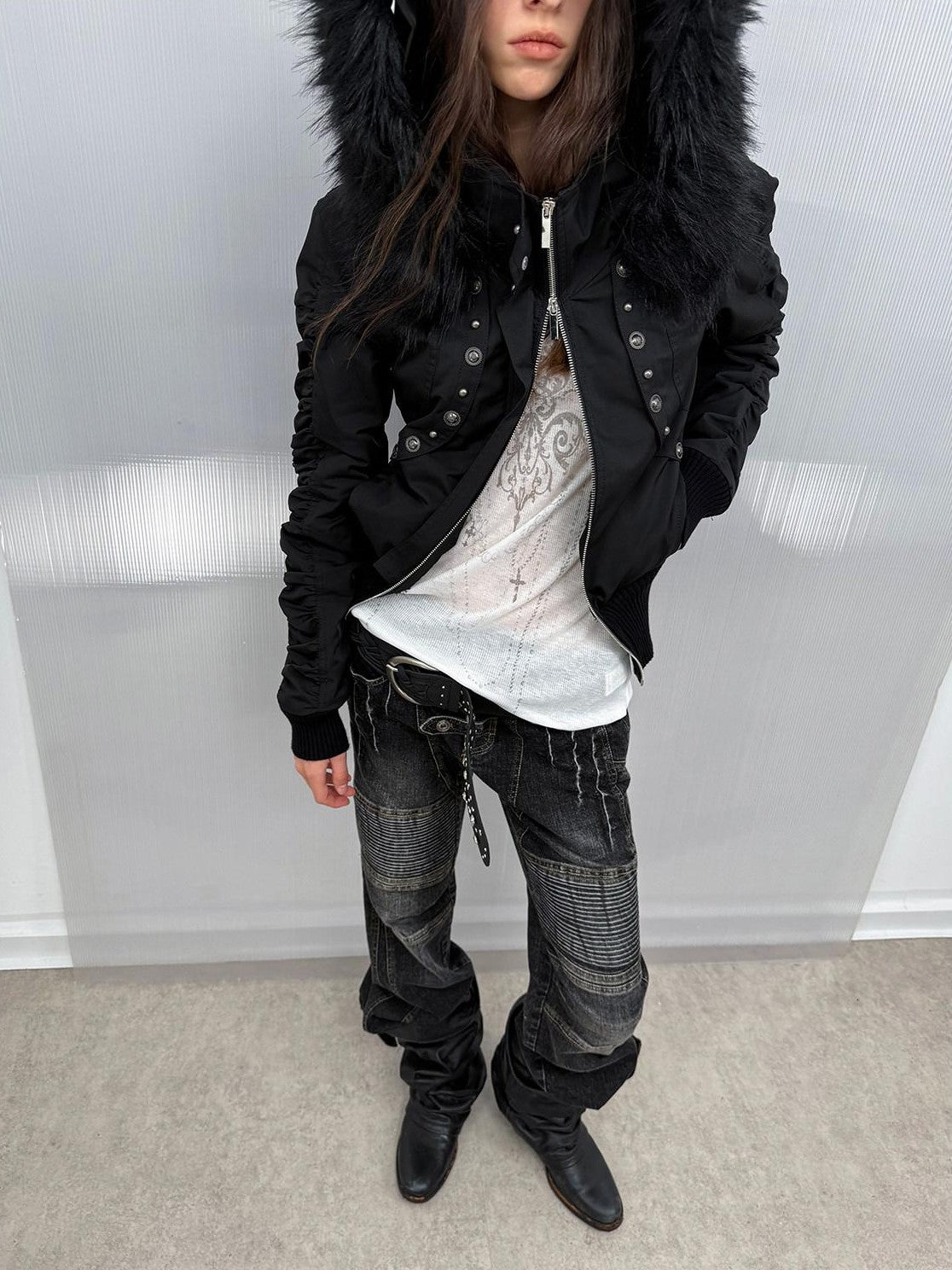 DoublePunch Washed Distressed Biker Pocket Low Waist Women&