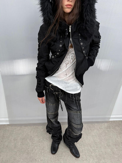 DoublePunch Washed Distressed Biker Pocket Low Waist Women&