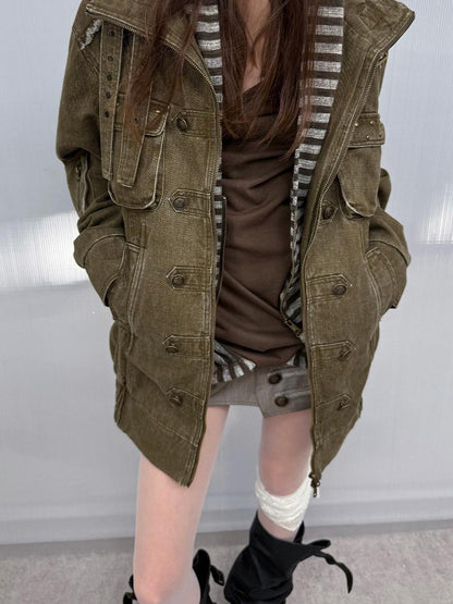 DoublePunch Washed Padded Drop Shoulder Midlength Loose Women&