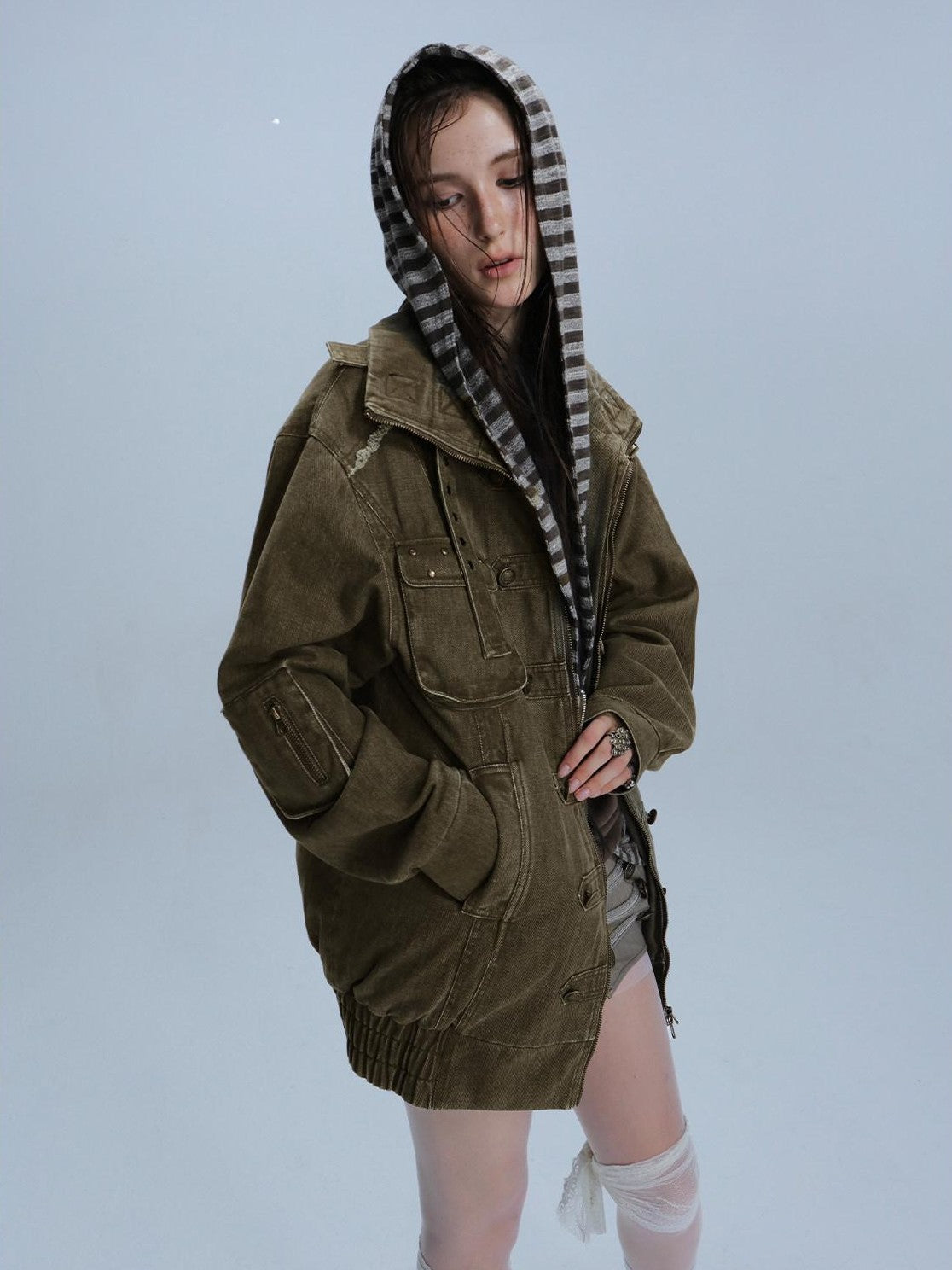 DoublePunch Washed Padded Drop Shoulder Midlength Loose Women&