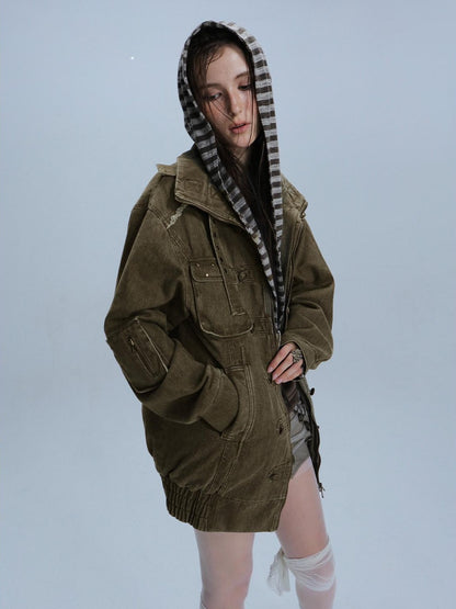 DoublePunch Washed Padded Drop Shoulder Midlength Loose Women&