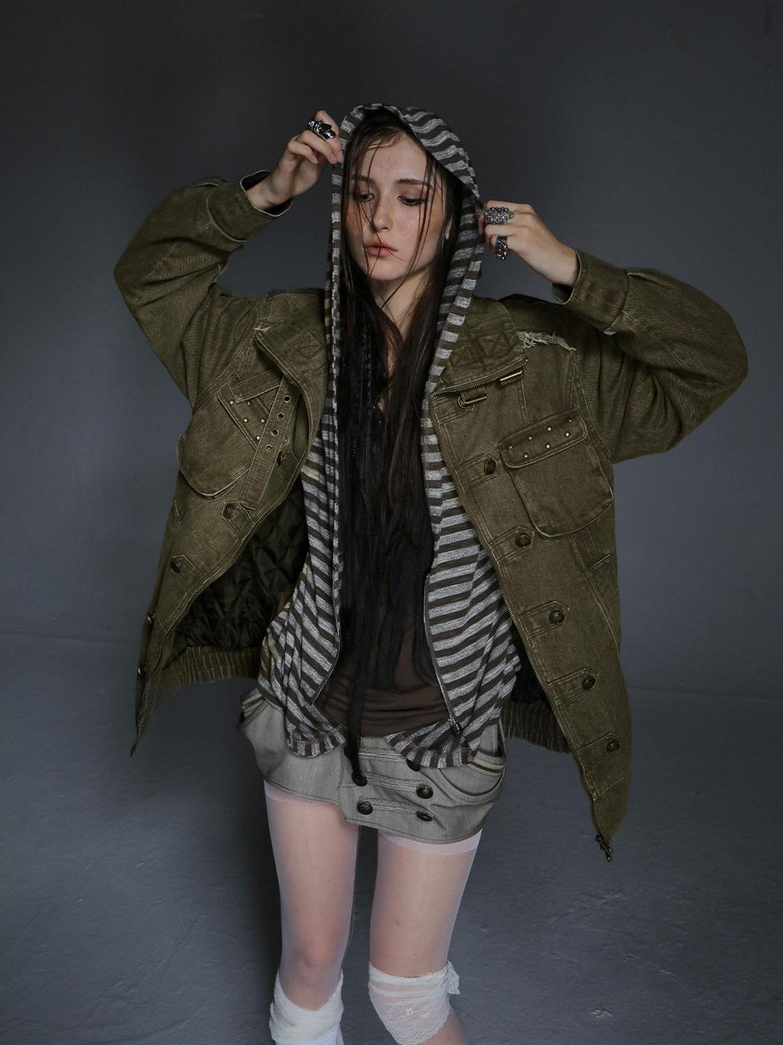 DoublePunch Washed Padded Drop Shoulder Midlength Loose Women&