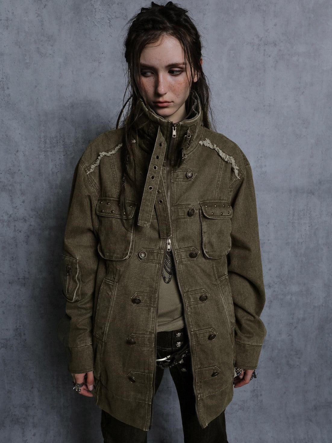 DoublePunch Washed Padded Drop Shoulder Midlength Loose Women&