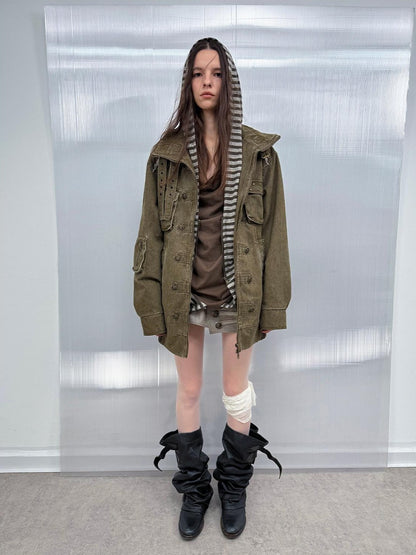 DoublePunch Washed Padded Drop Shoulder Midlength Loose Women&