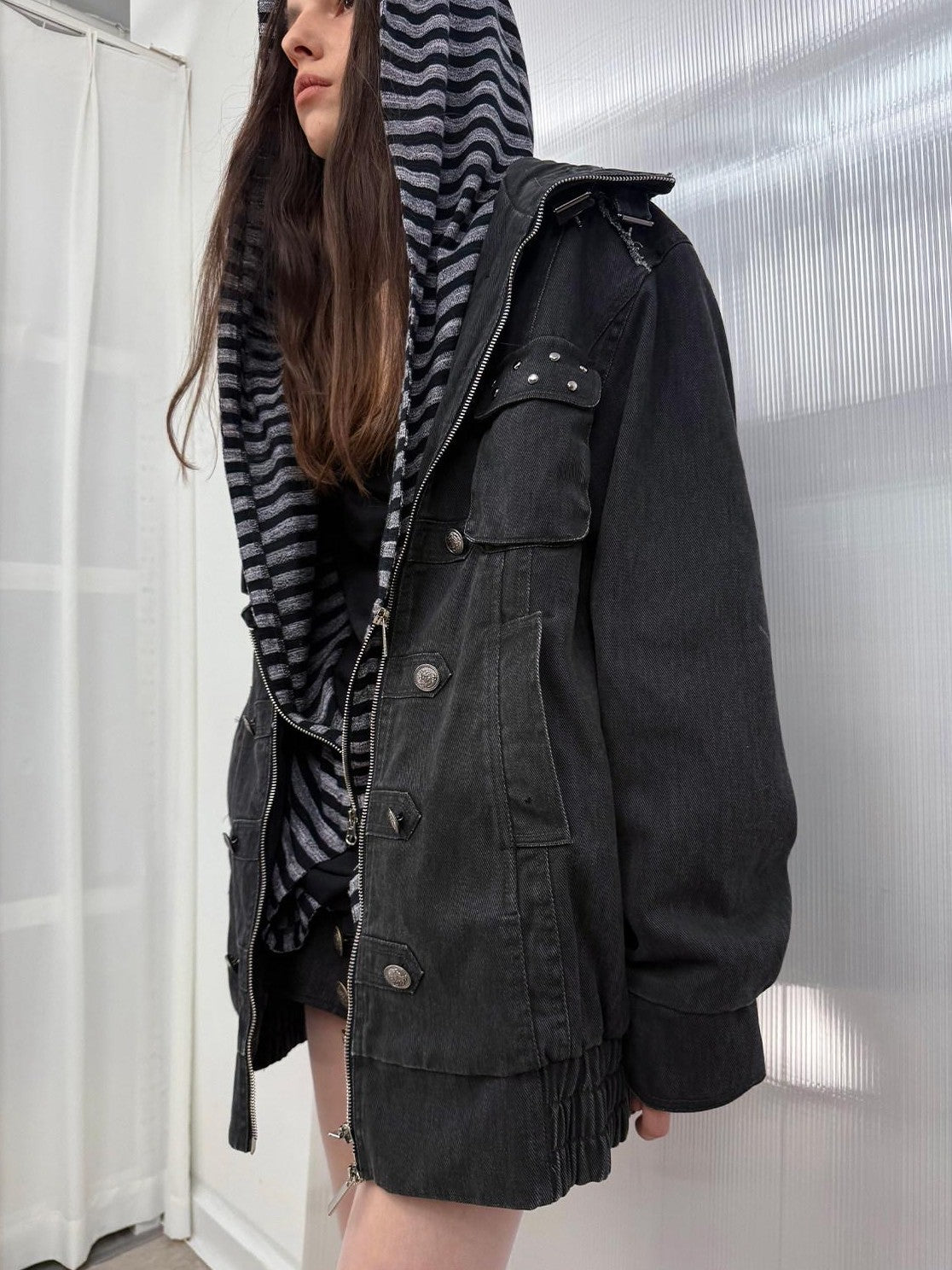 DoublePunch Washed Padded Drop Shoulder Midlength Loose Women&