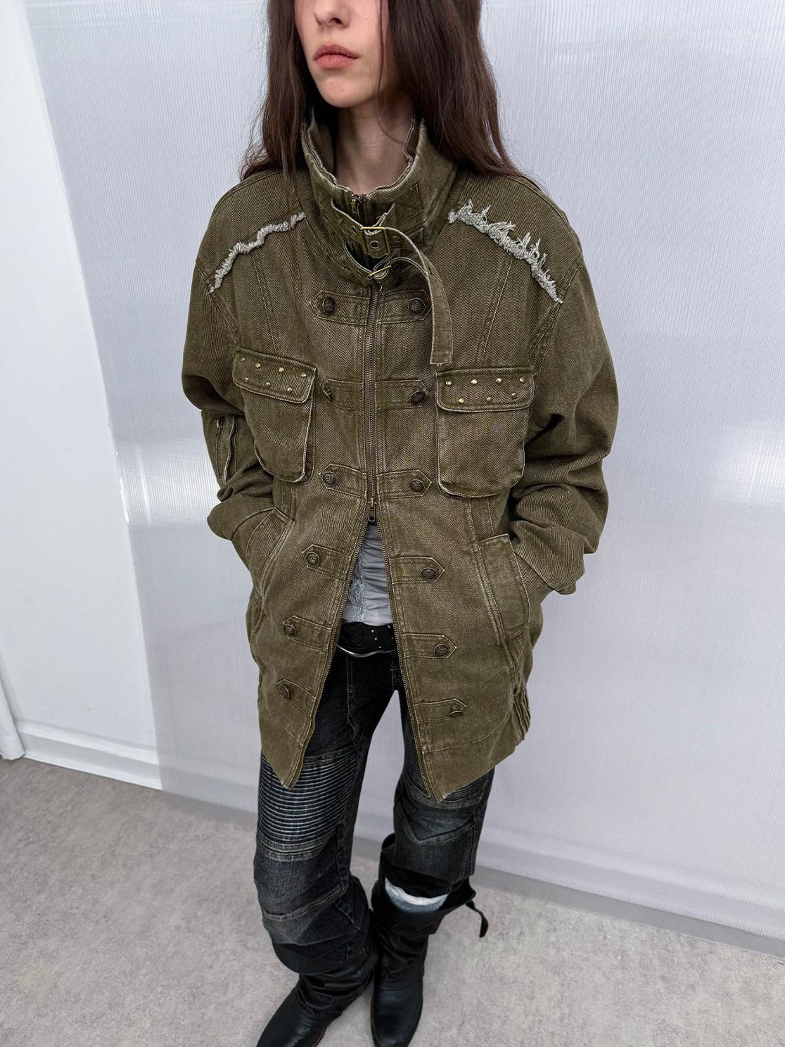 DoublePunch Washed Padded Drop Shoulder Midlength Loose Women&
