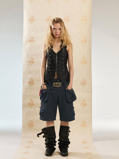 DoublePunch Washed Vintage Wide Leg Cargo Pocket Women&
