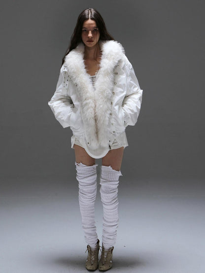DoublePunch White Fur Collar Punk Patchwork Lace Oversized Women&