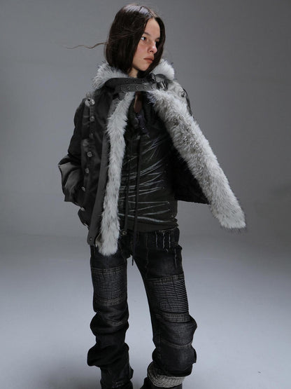 DoublePunch White Fur Collar Punk Patchwork Lace Oversized Women&