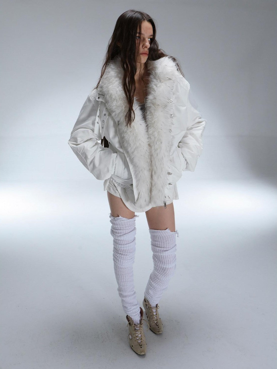 DoublePunch White Fur Collar Punk Patchwork Lace Oversized Women&