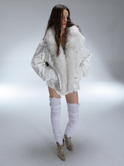 DoublePunch White Fur Collar Punk Patchwork Lace Oversized Women&