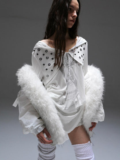 DoublePunch White Fur Collar Punk Patchwork Lace Oversized Women&