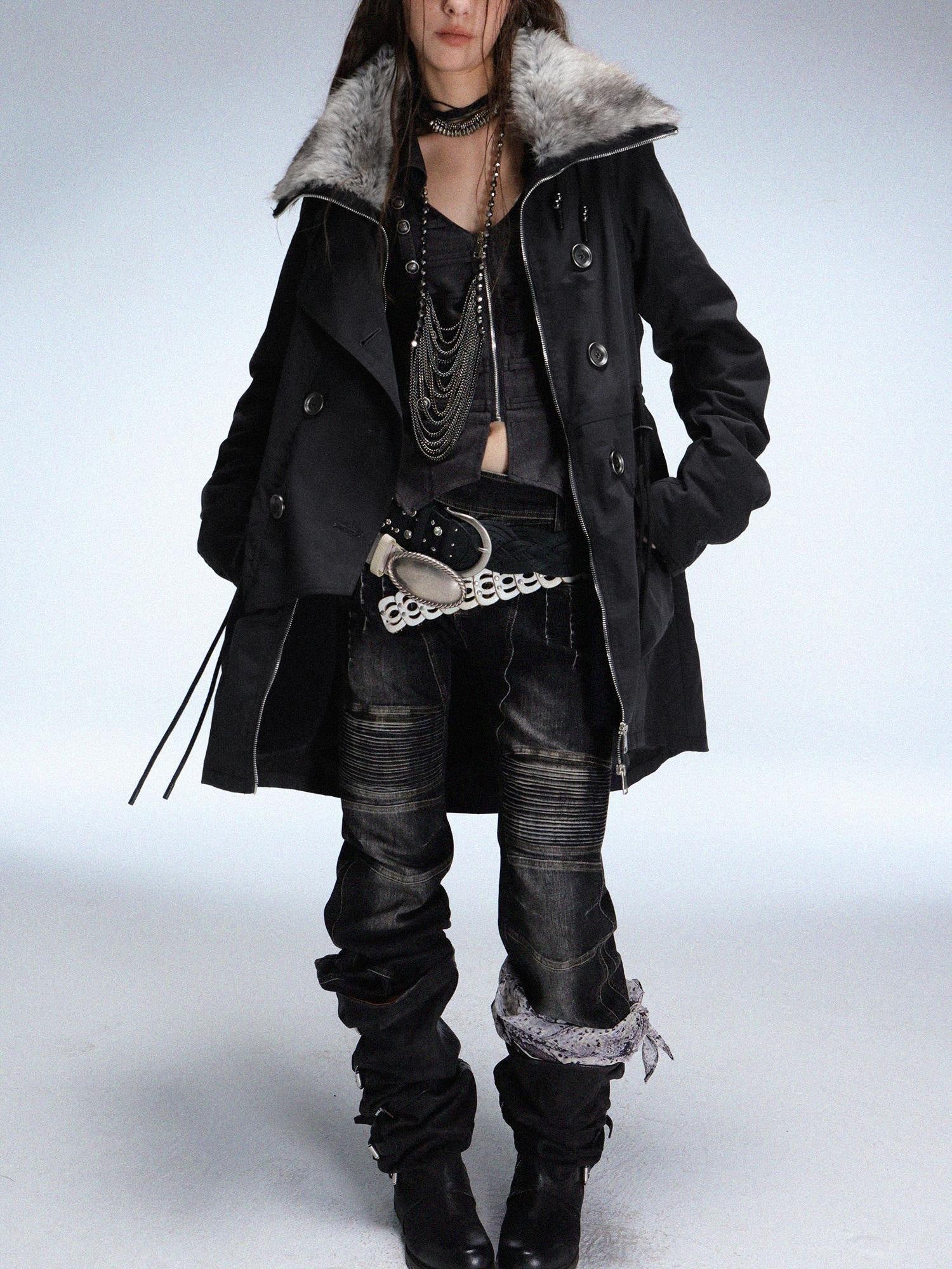 DoublePunch_need_upload Warm Cotton Mid Length Zipper Pockets Raglan Sleeves Vintage Workwear Women Coat