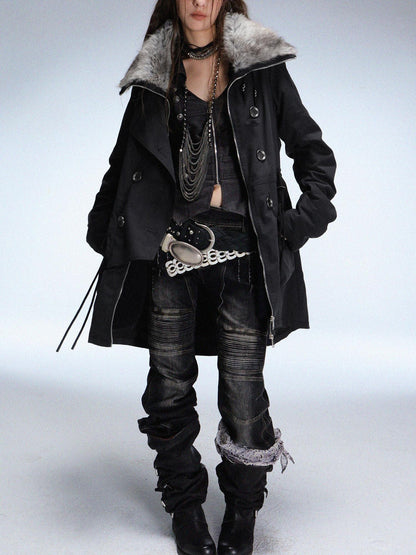 DoublePunch_need_upload Warm Cotton Mid Length Zipper Pockets Raglan Sleeves Vintage Workwear Women Coat