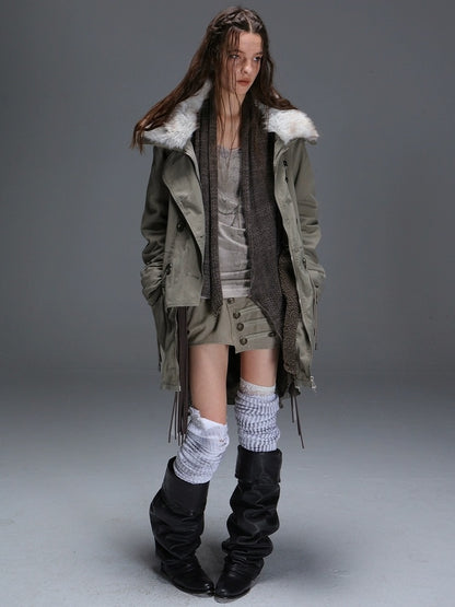 DoublePunch_need_upload Warm Cotton Mid Length Zipper Pockets Raglan Sleeves Vintage Workwear Women Coat